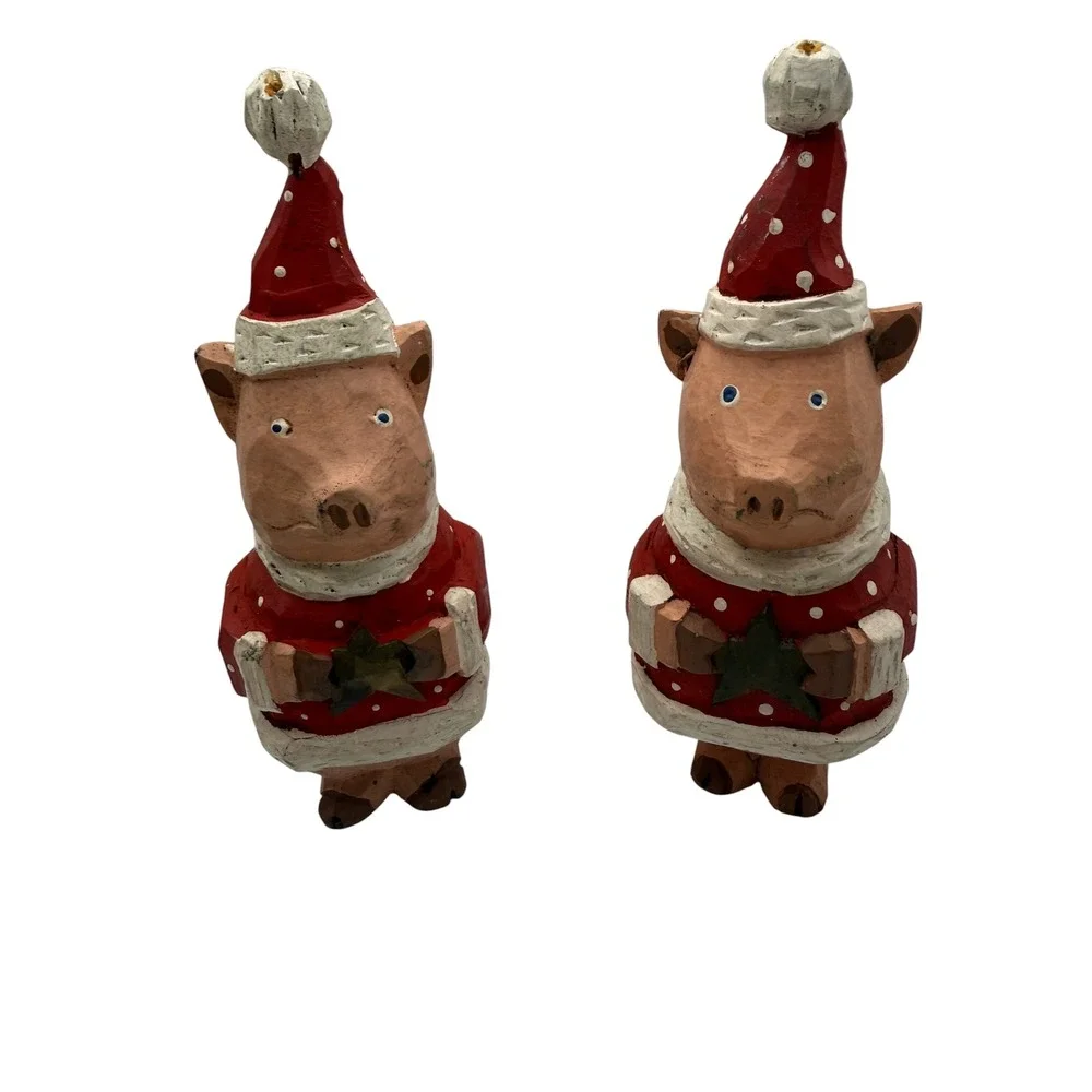 Vintage Style Hand Carved Wood Christmas Pig Figurines Santa Suit Set of 2